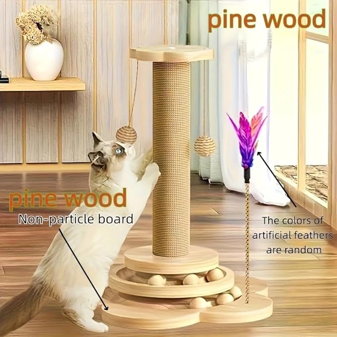 Cat Scratching Post 16'' Tall Cat Scratching Posts for Indoor Cats Adults with Hanging Ball and Interactive Wooden Ball Sisal Rope Cats Scratch Post