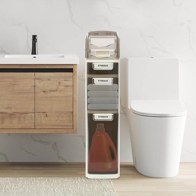 Bathroom Floor Storage Cabinet, Narrow Slim Organizer Multi-Tiers Toilet Paper Cabinet Waterproof W/Clear Drawers,for Tiny Kitchen Laundry Living Room Toilet Gap (4 Tiers)