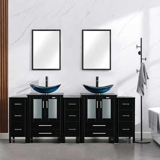eclife 84" Modern Bathroom Vanity Sink Combo Freestanding Cabinet with Small Side Cabinet, Blue Boat Glass Vessel Sink, Water Save Faucet, Drain (Black+A29BU)