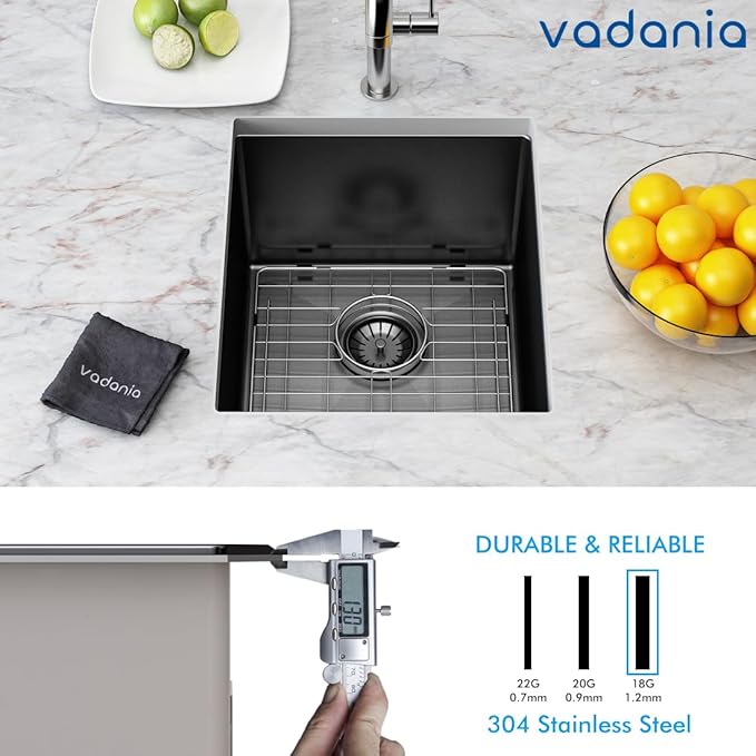 VADANIA 16-inch Kitchen Bar Sink, Black-plated Finish, 16"x18"x10", Single Bowl, Undermount, 18 Gauge T304 Stainless Steel, with Strainer & Bottom Grid, cUPC listed