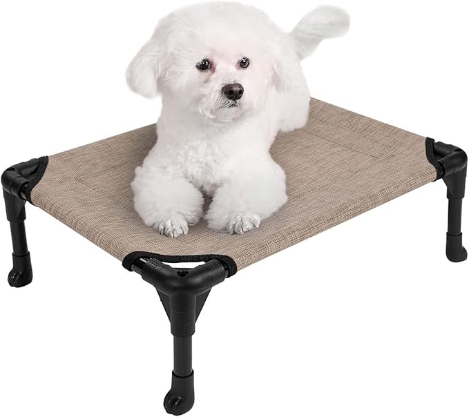 Veehoo Outdoor Elevated Dog Bed for Small Dogs, Cooling Raised Dog Cots Beds Training Platform Off Ground Hammock with Breathable Mesh, No-Slip Feet, 22"x17", Beige Coffee