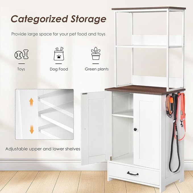 Dog Food Storage Cabinet, Dog Feeding Station Elevated Dog Bowls with Adjustable Panel and 2-Level Shelving Hidden Pet Feeder Station Wood,for Feeding & Watering Supplies, White