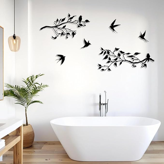 Harikikochuu 4PCS Metal Birds Wall Art Decor, Birds on the Branch Metal Silhouette Art, Black Leaves with Bird Outdoor Hanging Wall Sculpture for Home Office Balcony Garden Decor.（Swallow）