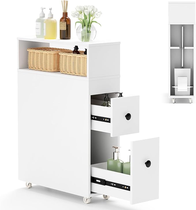 LOKO Slim Bathroom Storage Cabinet with Wheels, Narrow Toilet Side Cabinet with Drawers, Removable Storage Baskets, Toilet Brush Holder, Movable Bathroom Organizer or Skinny Corner, Narrow Spaces