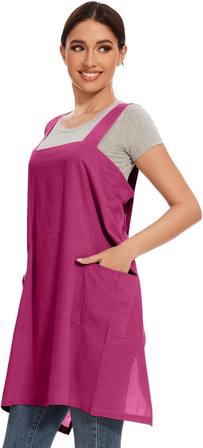 Women Apron with 2 Pockets Cotton Linen Kitchen Baking Cooking Chef Cross Back Pinafore Dress
