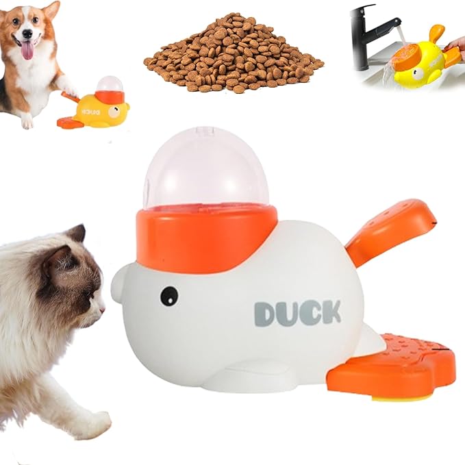 Dog Feeder Puzzle Toy Duck, Duck Cat Treat Dispenser, Press and Get Interactive Pet Feeder, 2-in-1 Nteractive Slow Feeders, Duck Shaped Feeders Bowls for Healthy Eating,Reduces Bloating (White)