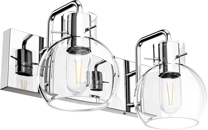 Tipace Chrome Vintage Bathroom Vanity Light,2 Lights Modern Stainless Steel with Globe Clear Glass Bathroom Light Fixtures Industrial Wall Mount Lighting Sconce(Exclude Bulb)