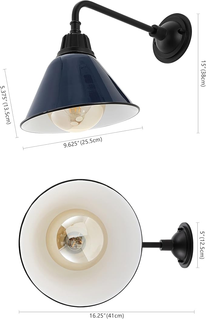 JONATHAN Y JYL7612C Croydon 9.63" 1-Light Farmhouse Industrial Indoor/Outdoor Iron LED Gooseneck Arm Outdoor Sconce Metal Bell Shade Vintage Cottage Rustic Porch Patio Yard Barn, Navy