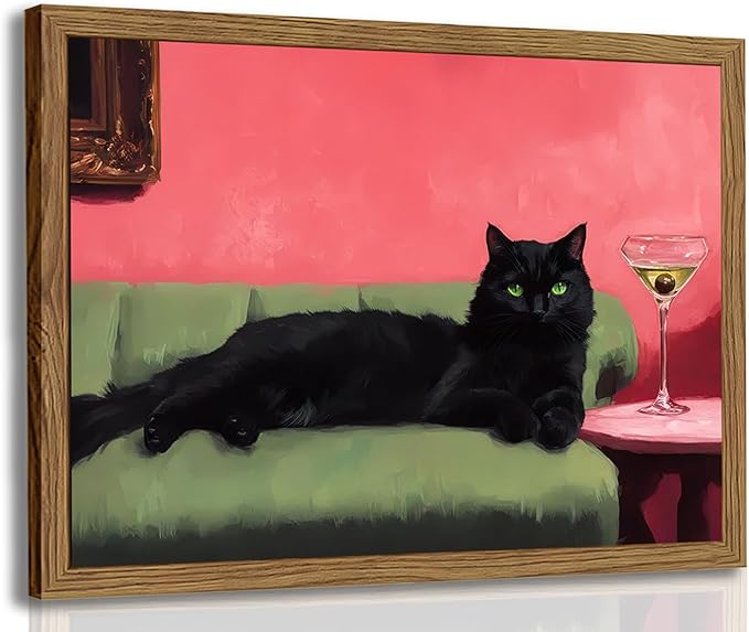 Cute Black Cat With Martini Wall Art Funny Animal Wall Decor Quirky Whimsical Cocktail Bar Cart Canvas Painting Poster Prints Pet Lover Picture Aesthetics for Bedroom Living Room Framed 12x16 inch