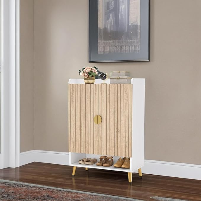 Tribesigns Shoe Cabinet with Doors, 7-Tier Shoe Storage Cabinet with Adjustable Shelves, Wooden Shoes Rack Shoe Storage Organizer for Entryway, Hallway, Closet, Living Room, Wood and Gold