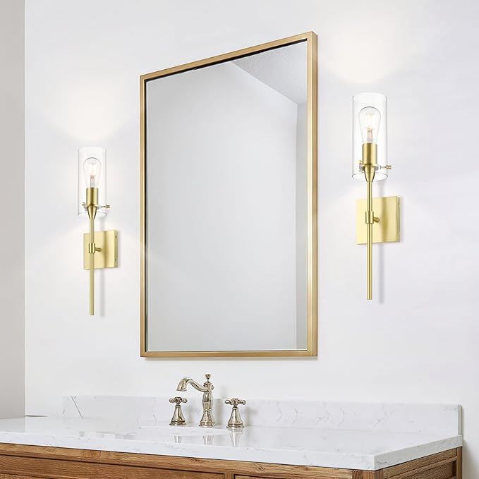 XiNBEi Lighting Gold Wall Sconce Modern Single Bathroom Sconce Light with Clear Glass Brass Wall Light Fixtures for Vanity & Living Room