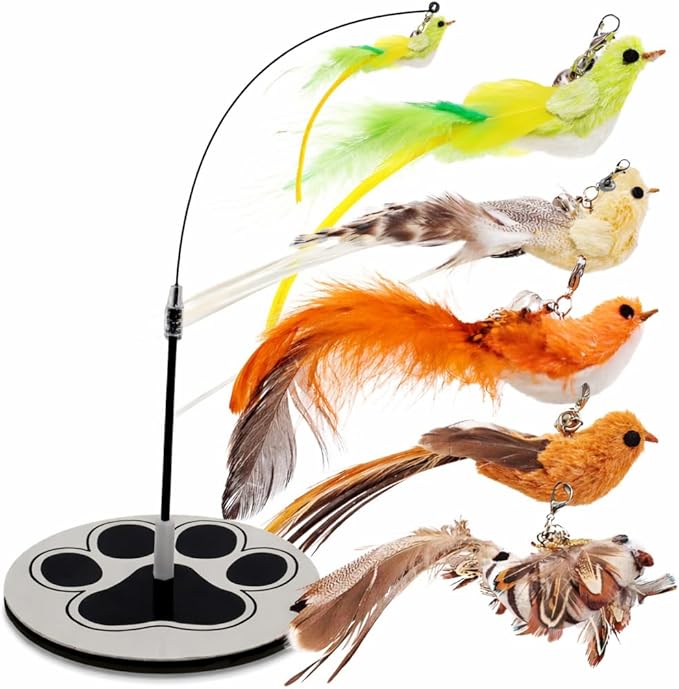 Interactive Bird Simulation Cat Toy Set for Bored Indoor Adult Cats Feather Toy Wand 5 Pcs Natural Bird Feathers Stable Round Base Wand Cat Toys for Indoor Cats Hunting Toys