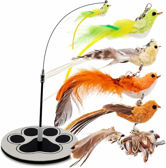 Interactive Bird Simulation Cat Toy Set for Bored Indoor Adult Cats Feather Toy Wand 5 Pcs Natural Bird Feathers Stable Round Base Wand Cat Toys for Indoor Cats Hunting Toys