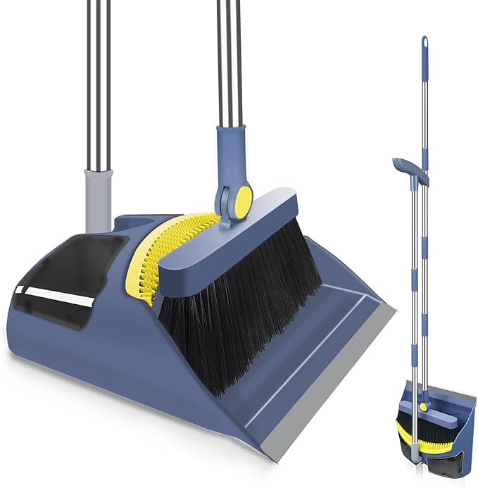 Broom with Dustpan Combo Set, 55" Long Adjustable Handle Broom and Dustpan Set Pet Hair Removal Broom with Dustpan Teeth to Clean Hair Suitable for Home Kitchen Office Hall Floor(Blue)