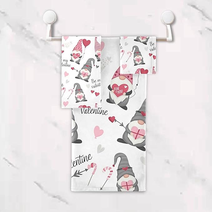 Pfrewn Cute Gnomes Hearts Pink Towels Set of 3 Romantic Romantic Love Spring White Bathroom Towel Soft Absorbent Bath Hand Towels Washcloth Guest Towel Sets Mother Valentine Decorations