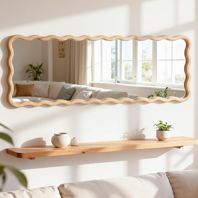 20"x63" Long Irregular Wavy Full Length Wall Mirror, Large Wood Framed Full Body Floor Mirror Leaning Against Wall for Dressing Bedroom Living Room Cloakroom Horizontal or Vertical Hanging Nature