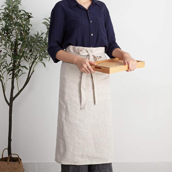 ATLINIA 100% Linen Apron with Buttons Adjustable Bib Apron with Pockets Linen Half Apron Bistro Apron