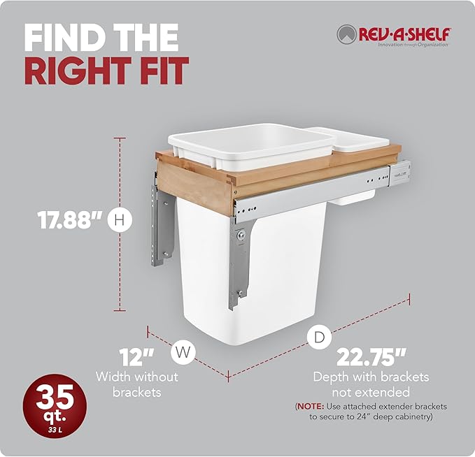 Rev-A-Shelf Top Mount Single Pullout Under Cabinet 35 Quart Kitchen Trash Cans with 150 Pound Rated Full-Extension Slides, 4WCTM-12DM1