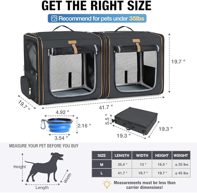 Lekereise 2-in-1 Cat Travel Carrier with Litter Box, (20.85" x2) x19.7"x19.7" Large Cat Carrier with Zipper Locks for Moving Across The Country (No Hammock) - Black