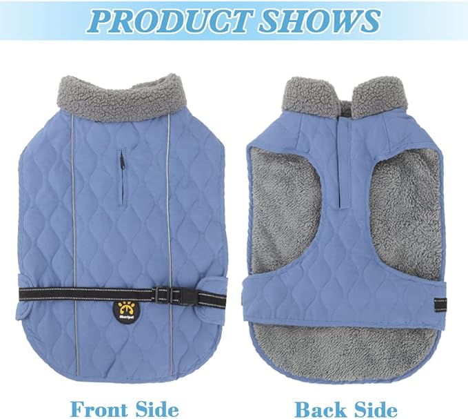 Dog Winter Jackets, Furry Collar Warm Coats for Dogs with Fleece Lining, Reflective Cold Weather Doggie Jackets with Leash Hole and Buckle, Windproof Pet Coats for Large Dogs, Blue L