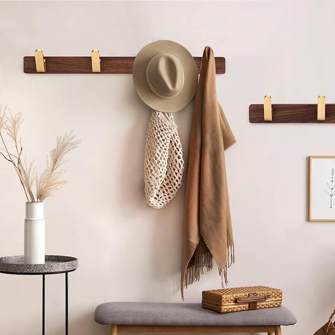 SARIHOSY] Wall Mounted Coat Rack,Multi Hook Hangers,Entryway Hanging Coat Rack,Metal Wood Coat Rail with 4 Hooks，Walnut Wood,zinc Alloy,Bedroom,Bathroom,Foyer,Living Room,Metal Household Items
