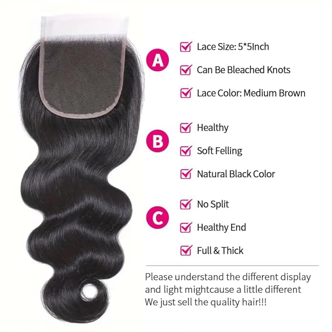 Selina 5x5 Body Wave Lace Closure Human Hair Unprocessed Brazilian Virgin Hair Free Part Closure Human Hair Extensons for Women Natural Black Color 8Inch