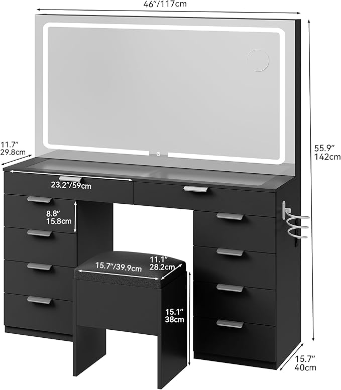 YITAHOME Vanity Desk with Large Mirror & LED Lights, 3 Light Modes Makeup Vanity Table Set with 10 Storage Drawers & Power Outlets