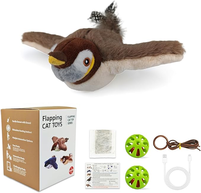 SZMDLX Rechargeable Flapping Sparrow Bird Cat Play Toy with Chirping Sound, Touch Activated Interactive Catnip Kicker, No Flying, Exercise Toy for Kittens, Cats, Small Dogs