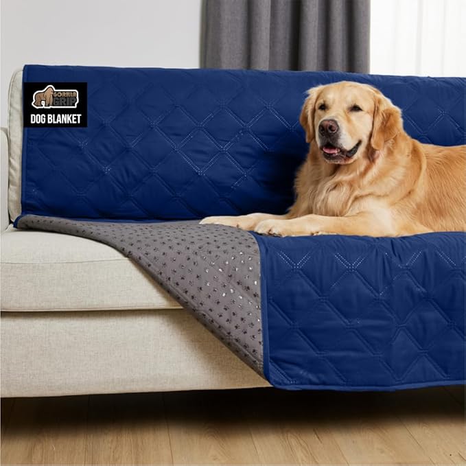 GORILLA GRIP Waterproof Dog Blanket, 82x82 Couch Cover for Dogs Washable, Protects Sofa, Furniture, Crate, Car, RV Essentials Pet Supplies, Tear and Slip Resistant Leakproof Cushion Cover, Navy Blue