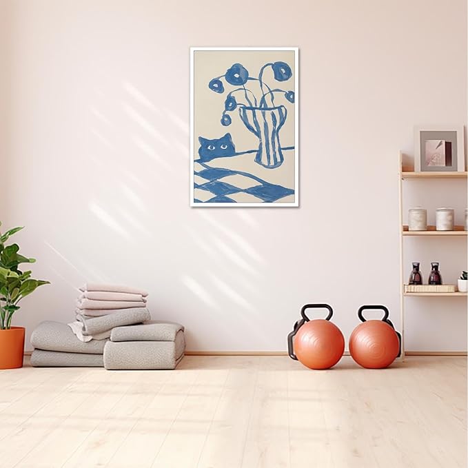 Funny Sneaky Cat Poster Scandi Animal Sketch Canvas Wall Art Blue Modern Abstract Flower Vase Aesthetic Prints Painting For Living Room Kitchen Dining Room Wall Decor 8x12in Unframed