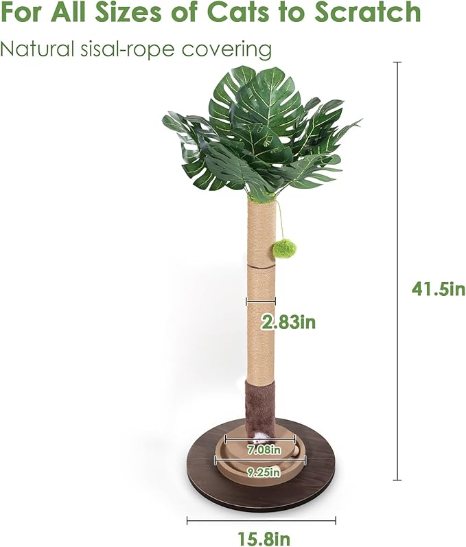 Cat Scratching Post, 35 Inch Tall Cat Scratcher Cat Tree Tower with Hanging Ball for Indoor Cats Adults,Monstera Sisal Rope Kitten Scratch with Interactive Mouse Cat Toy