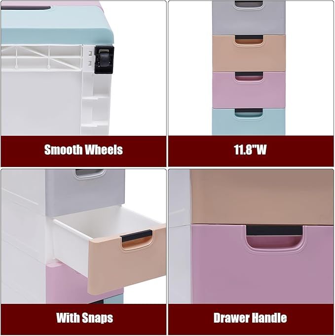 5 Drawer Stackable Storage Tower,Plastic Drawers Dresser,Narrow Rolling Storage Cabinet for Livingroom Bedroom,Colored