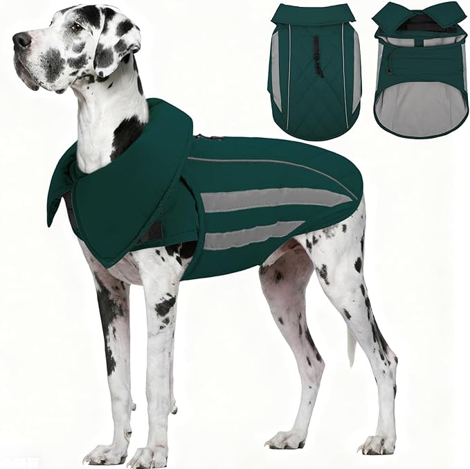IECOii 4XL Winter Dog Coat - Waterproof Dogs Outdoor Vest Reflective Cold Weather Coats Adjustable Warm Fleece Jacket for Giant Breeds, Great Dane, Snow & Rain Walking, Skiing, Green, Sizes XXXXL