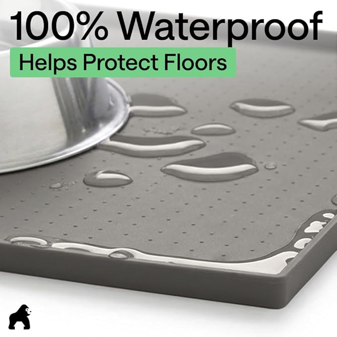 GORILLA GRIP 100% Waterproof Raised Edge BPA Free Silicone Pet Feeding Mat, Dog Cat Food Mats Contain Spills Protects Floors, Placemats for Cats and Dogs Water Bowl, Pets Accessories 16x10, Gray