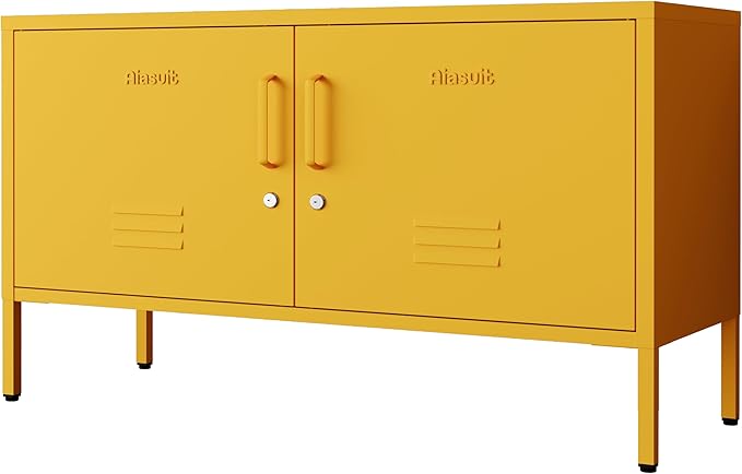 Yellow Metal Storage Cabinet with Lock, 2-Door Wide Organizer, Adjustable Shelves, Multifunctional TV Stand & Entertainment Center for Bedroom, Living Room, 24" H x 39.4" W x 15" D
