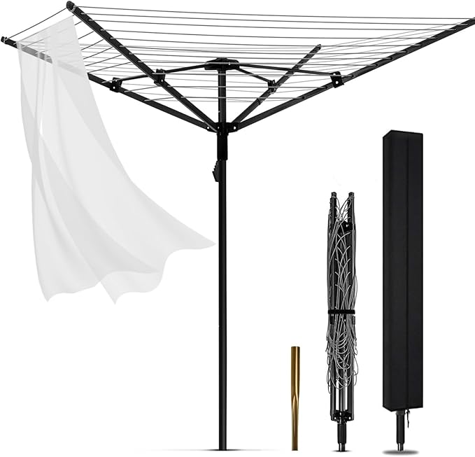 Umbrella Clothesline Outdoor, Rotary Retractable Clothes Line Outdoors Adjustable Height Drying Rack Clothing 4 Arms 12 Lines with 165 Feet Heavy Duty Outdoor Clothesline for Backyard