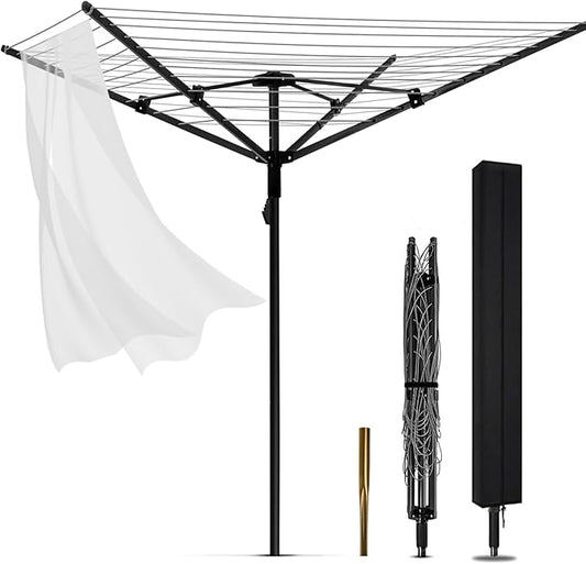 Umbrella Clothesline Outdoor, Rotary Retractable Clothes Line Outdoors Adjustable Height Drying Rack Clothing 4 Arms 12 Lines with 165 Feet Heavy Duty Outdoor Clothesline for Backyard