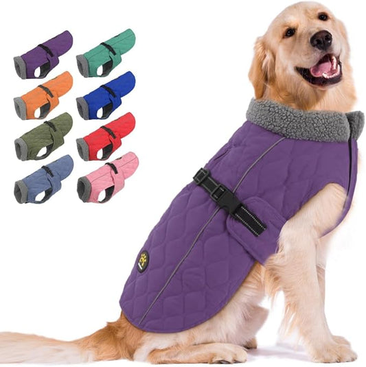 Dog Winter Jackets, Furry Collar Warm Coats for Dogs with Fleece Lining, Water Resistant Adjustable Dog Coat for Winter, Reflective Doggie Appreal with Leash Hole and Buckle, Purple L