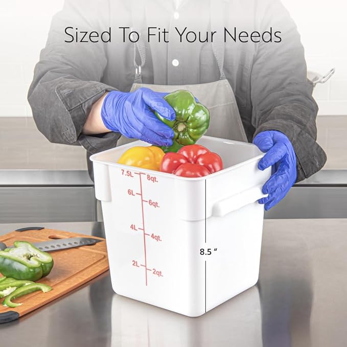 Restaurantware Food Storage Container 10 Pack of 8 qt Plastic Kitchen Storage Bin with Volume Markers Space-Efficient Design Dishwasher-Safe Polypropylene White