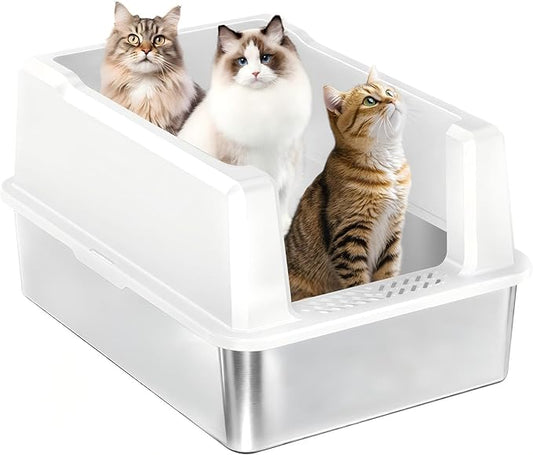 Large Litter Box for Multiple Cats, 28" L x 20" W Over Sized with High Sided Metal Litter Box Stop Scatter, Non-Stick Stainless Steel Litter Pan Easy to Clean, Anti-Leak Design, Odor-Resistant