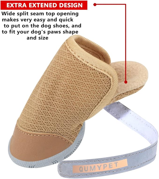 QUMY 4PCS Dog Shoes for Small Dogs, Hot Pavement Summer Puppy Dog Boots & Paw Protectors with Soft Anti-Slip Rubber Sole, Mesh Breathable Dog Booties for Hardfloors, Walking Running Khaki Size 1
