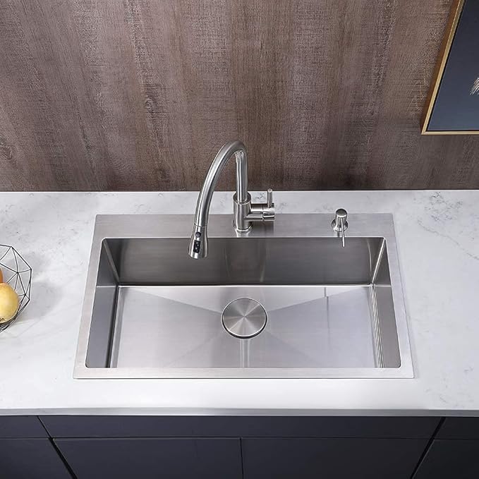 30 inch Drop in Kitchen Sink, Topmount Single Bowl 304 Stainless Steel Handmade Satin Finish Kitchen Sinks with Dish Grid and Strainer