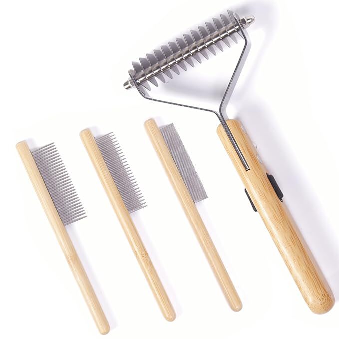 Bamboo Undercoat Rake & Deshedding Comb for Dogs & Cats - Cat & Dog Brush & Dematting Tool for Matted Fur, Pet Grooming Kit with Fur Comb & Flea Comb for Shedding Control