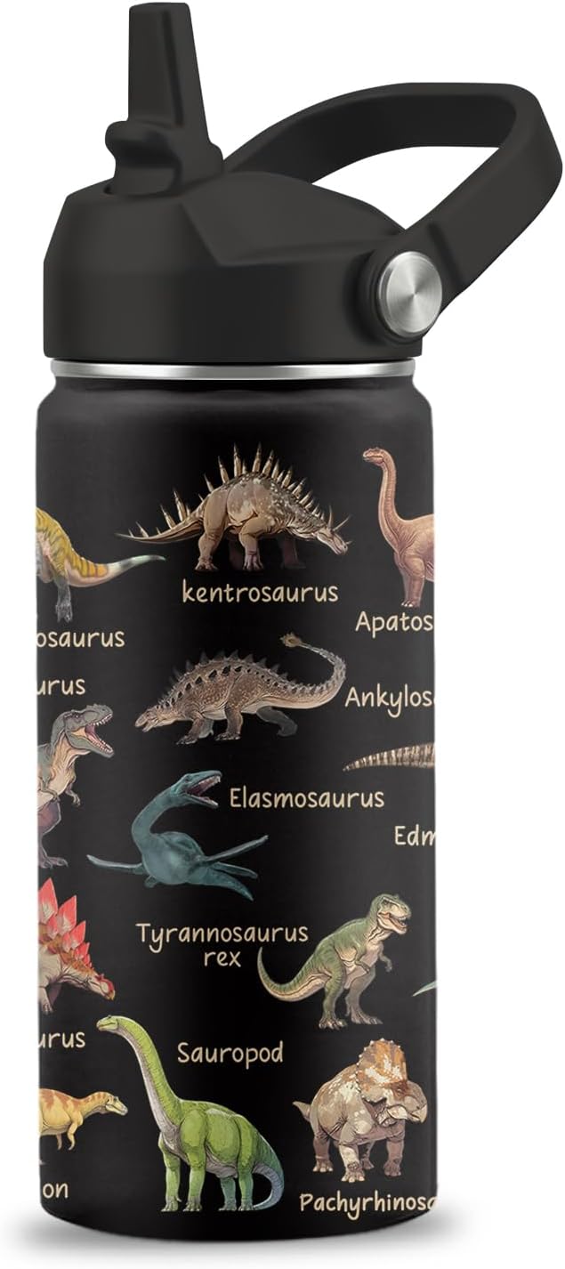Dinosaur Gifts, 16 oz Water Bottle with Straw Lid, Stainless Steel Insulated Water Bottle for Travel Outdoor, Dinosaur Cup for Dinosaur Lovers (1pcs)