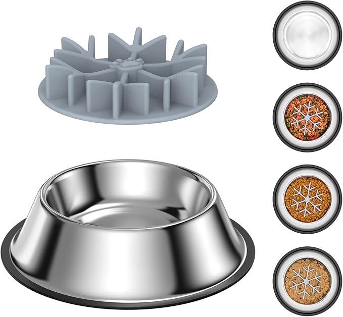 2-in-1 Metal Dog Bowl with Slow Feeder Insert, Food Grade 304 Slow Feeder Dog Bowls, Non-Slip Bottom, Pet Slower Food Feeding Bowls for Increases Feeding Time, Reduces Digestive Problems (M)