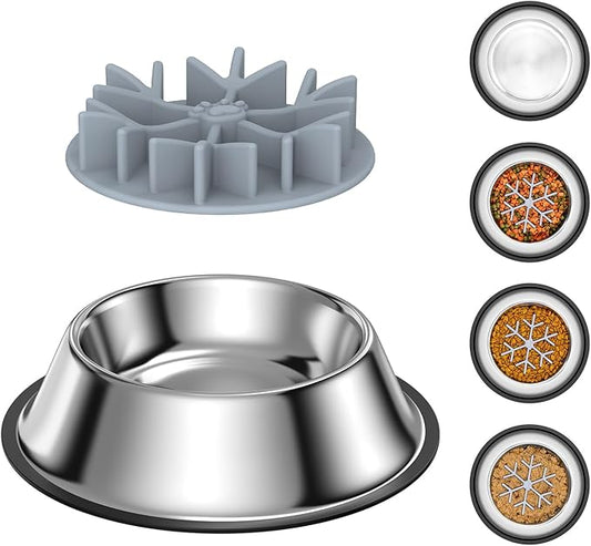 2-in-1 Metal Dog Bowl with Slow Feeder Insert, Food Grade 304 Slow Feeder Dog Bowls, Non-Slip Bottom, Pet Slower Food Feeding Bowls for Increases Feeding Time, Reduces Digestive Problems (M)