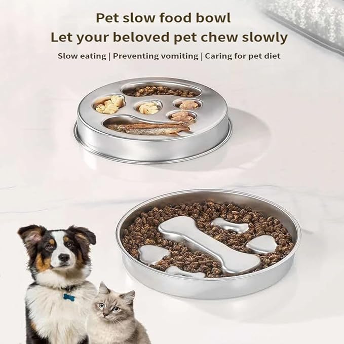 Stainless Steel Slow-Feed Dog Bowl Designed specifically for French Bulldog, This Double-Sided Anti-swallowing pet Food Bowl Features Raised barriers and is Easy to Clean C