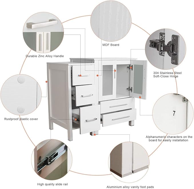 eclife 60" Modern Bathroom Vanity Sink Combo Freestanding Cabinet with Small Side Cabinet, Clear Round Glass Vessel Sink, Water Save Faucet, Drain (White+A16)
