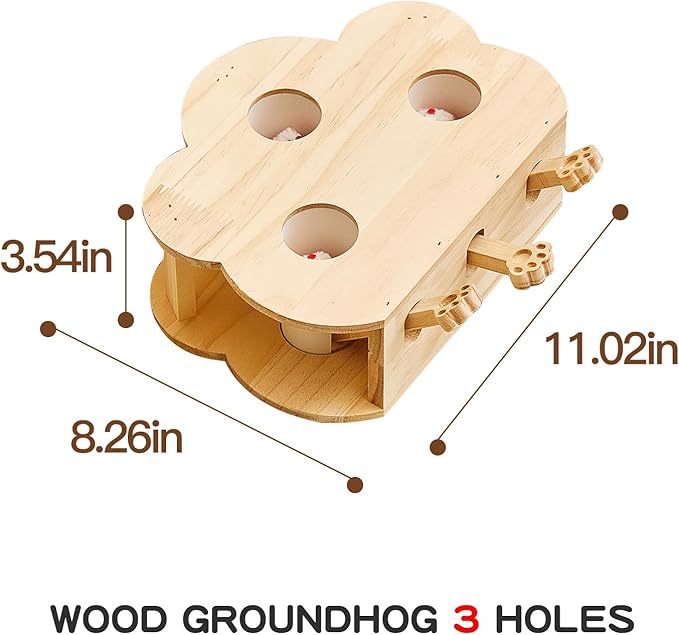 Wooden Whack-a-mole Interactive Cat Toy for Indoor Cats Interactive Pet Toy Box Cat Puzzle Toy for All Ages Cats for Indoor Play Exercise (3 Holes)