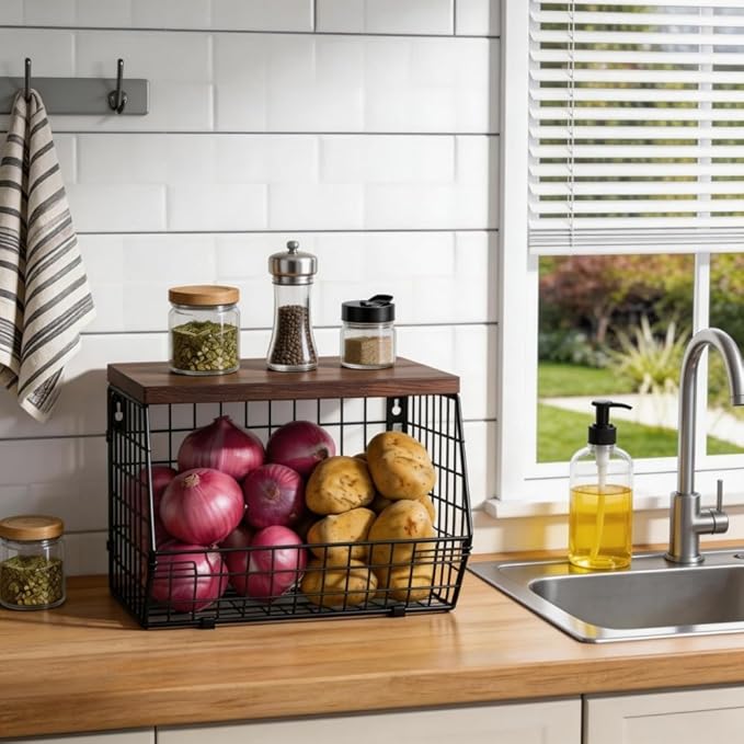 Wall Mounted Fruit Basket with Wood Lid, Hanging Kitchen Storage for Fruits, Vegetables, Potatoes, Onions | Heavy-Duty Carbon Steel & Solid Wood, Black, Space-Saving Countertop Organizer (S)